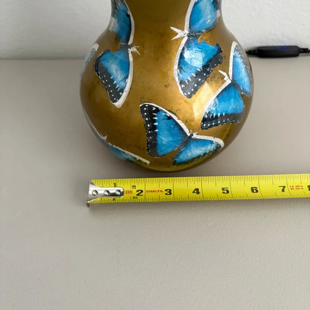 Vintage Hand Painted Gold Glass Vase Blue Butterfly Decoupage Floral Decor 9.5in